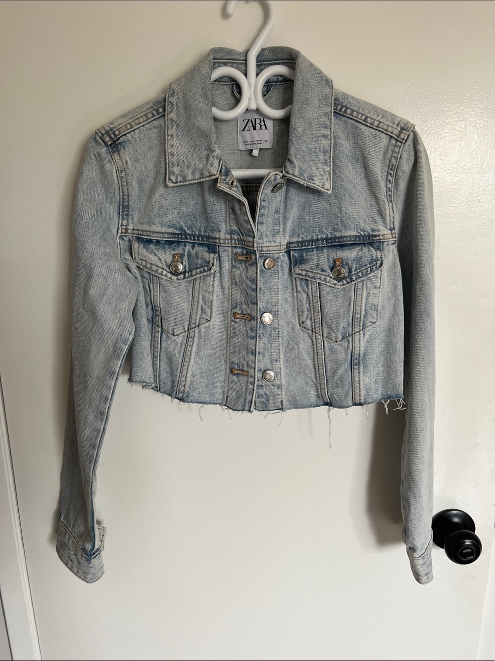 ZARA Light Wash Cropped Denim Jacket with Raw Hem